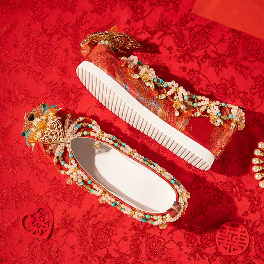Phoenix Crown & Wedding Attire Series: Ming Style Meticulously Embroidered Wedding Shoes — With 2.5cm Soft Hidden Wedge