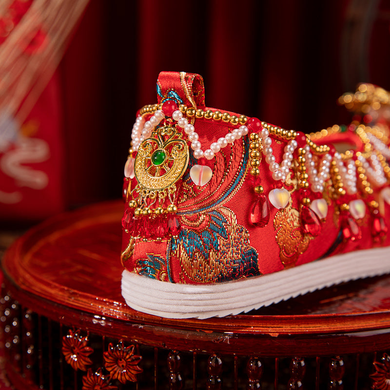 2025 New Chinese Wedding Shoes - Red Xiuhe Flat Embroidered Bridal Shoes | Comfortable Non-Slip Hanfu Accompaniment