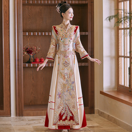 Champagne Gold Elegance 2025 · Petite Xiuhe Wedding Dress | Slim-Fit Dragon-Phoenix Chinese Bridal Gown