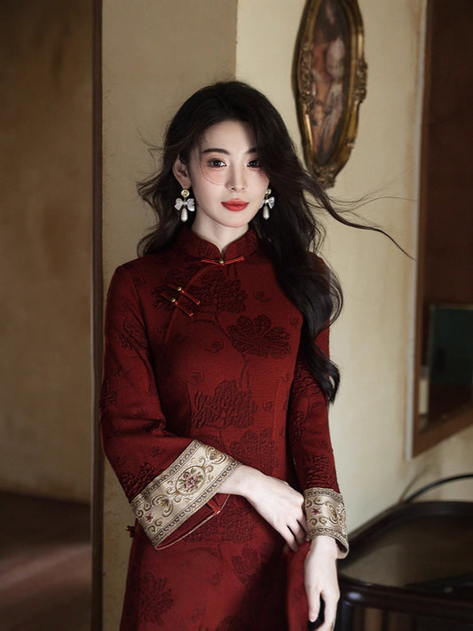 2025 Autumn/Winter Qipao · Wine Red Retro Flared Sleeve Dress