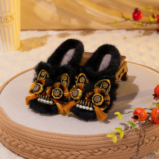Women's Cotton Shoes Embroidered Tiger-Head Shoes World Cultural Heritage Rabbit Fur-Trimmed Cotton Slippers Warmth-Retaining Footwear