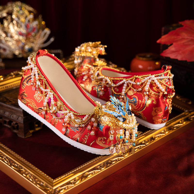 Original High-End Ming Style Hanfu Wedding Shoes - Red Xiuhe Bridal Shoes with Hidden Wedge & Embroidery