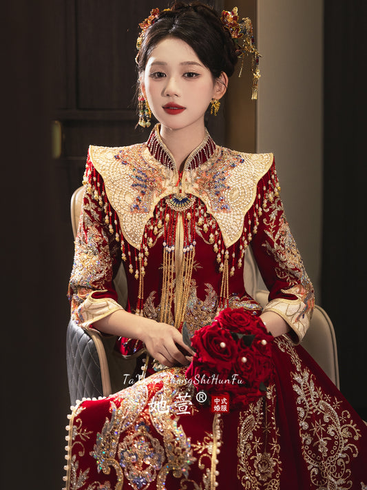 Opulent Silk-Velvet · 2025 Xiuhe Bridal Dress | Grand Sweep Hem & Meticulous Embroidery for Winter Nuptials