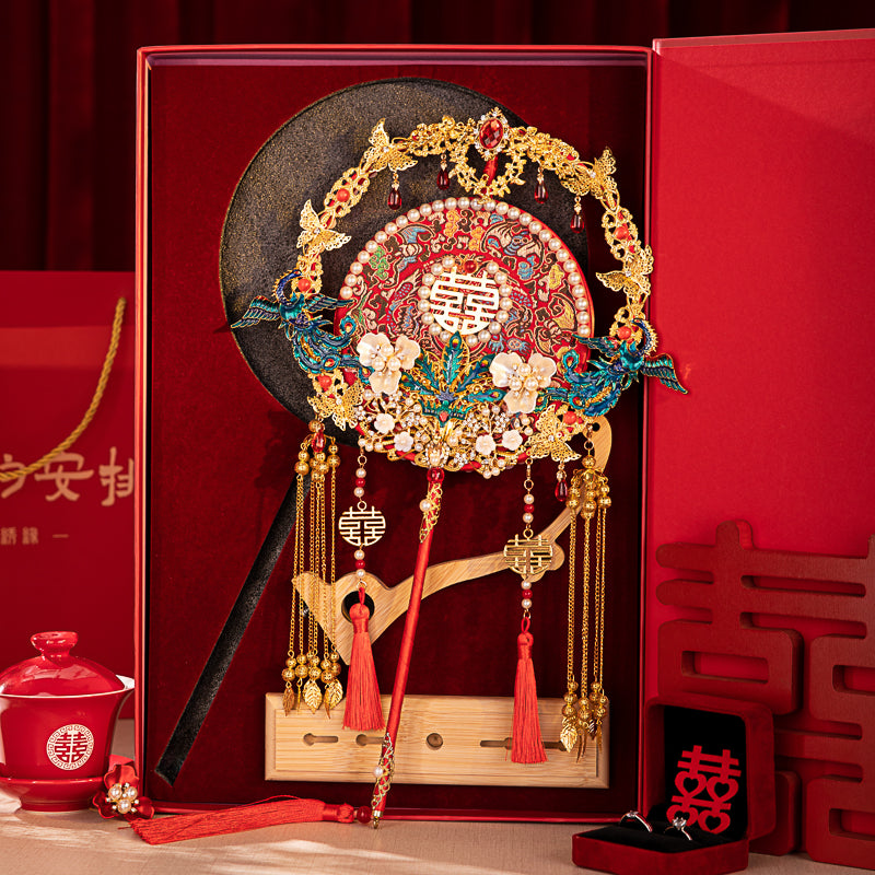 Xiuhe Dress Premium Set: Red Heavy-Embroidery Ancient-Style Round Fan DIY Kit â Make Your Bridal Handheld "Lucky Fan"