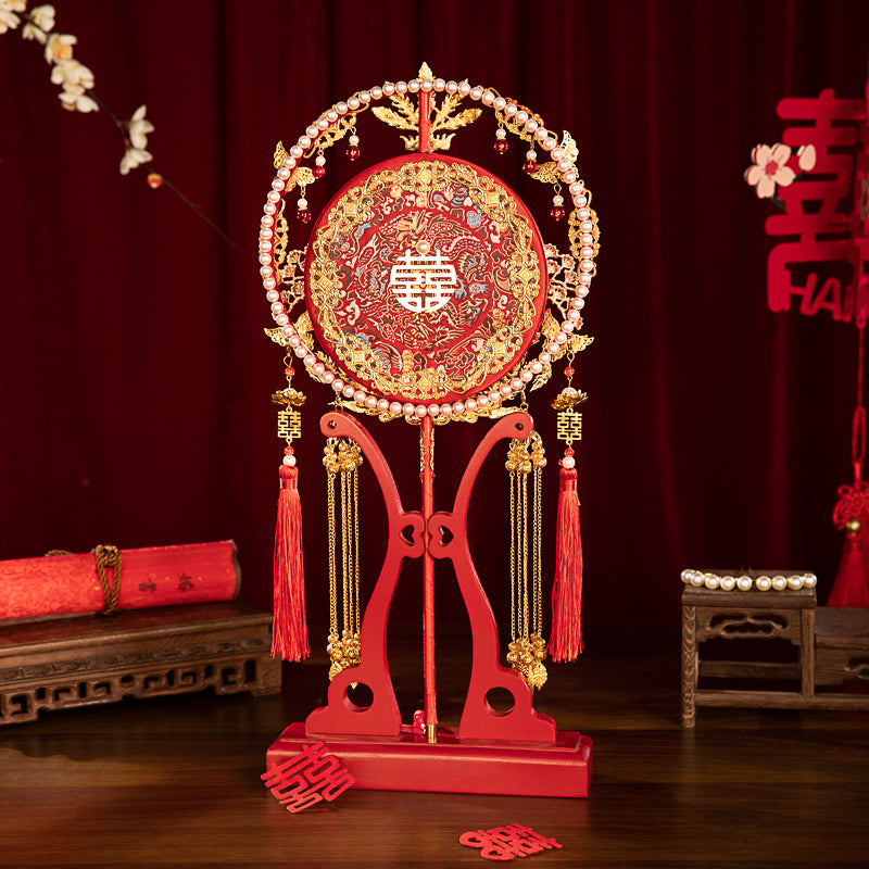 "To The Beloved" Gift: Heavily Embroidered Bride's Round Fan DIY Kit — Red Handheld "Xi Fan" for Xiuhe Dress