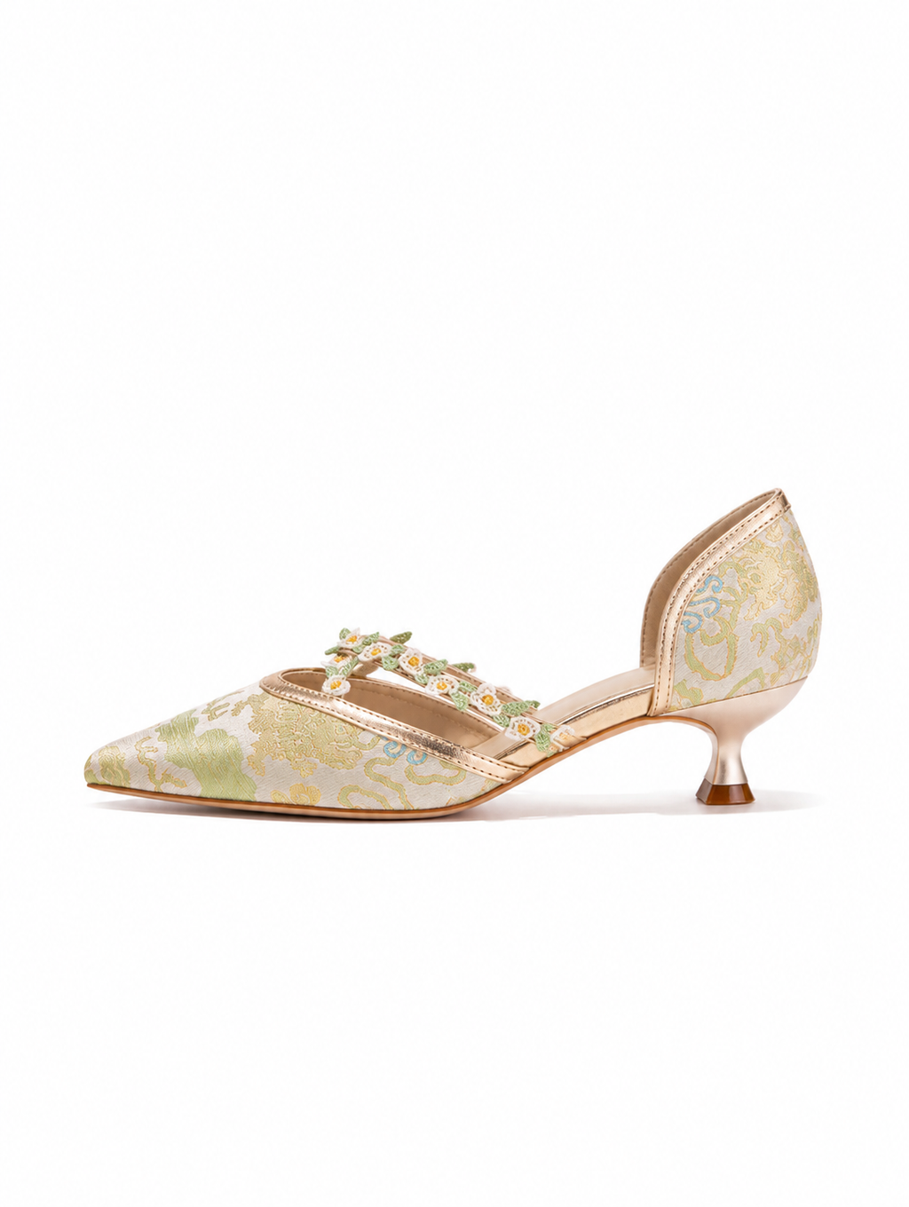 Versatile New Chinese Jacquard Floral Trim Kitten Heels | Pointed Toe Everyday Pumps