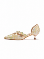 Versatile New Chinese Jacquard Floral Trim Kitten Heels | Pointed Toe Everyday Pumps