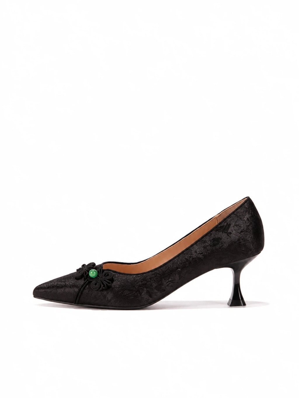 Versatile Oriental-Inspired Black Jacquard Frog Button Kitten Heels | Everyday Elegant Pumps