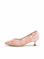 Pink Mesh Floral Kitten Heels | Embroidered Elegant Pumps for Women