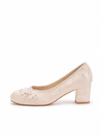 Vintage Jacquard Satin High Heels—White vintage-style brocade beaded wedding shoes, elegant mid-heel shoes suitable for the workplace and formal occasions