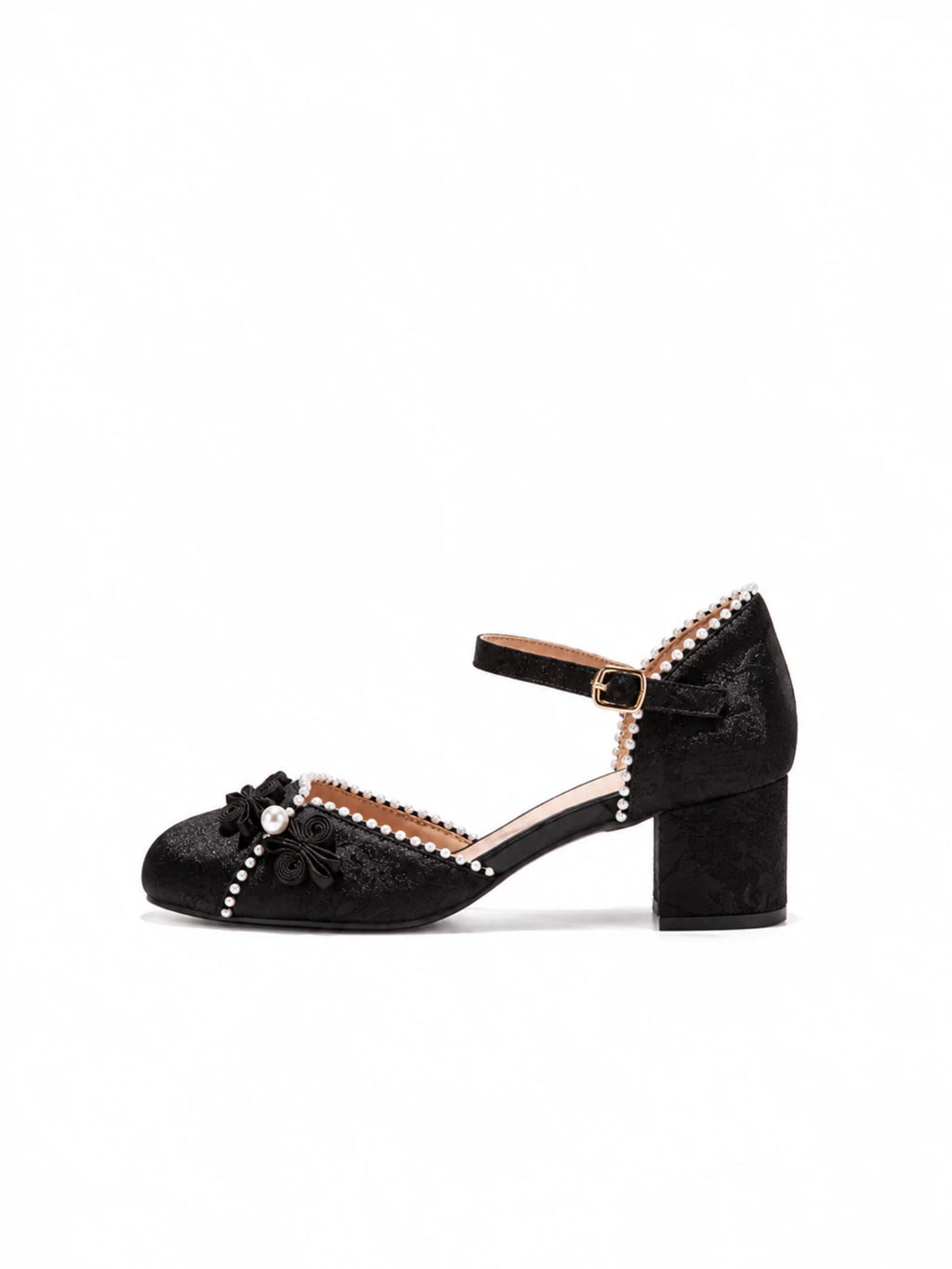 Black Jacquard Mary Jane Block Heels | Pearl Trim Elegant Pumps for Women