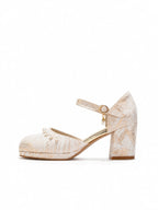Champagne Metallic Mary Jane Heels | Pearl Trim Block Heel Wedding Pumps