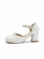 Versatile White Jacquard Pearl Ankle Strap Block Heels | Elegant Everyday & Wedding Pumps