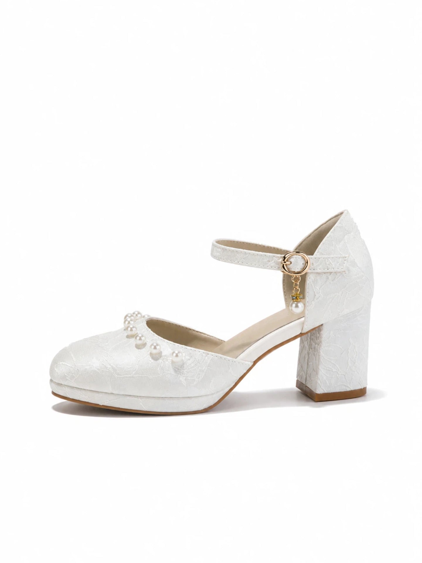 Versatile White Jacquard Pearl Ankle Strap Block Heels | Elegant Everyday & Wedding Pumps