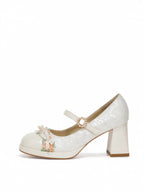White Floral Trim Mary Jane Heels | Elegant Block Heel Wedding Pumps