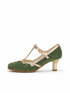 Versatile Green T-Strap Mary Jane Block Heels | Retro Floral Trim Everyday Pumps