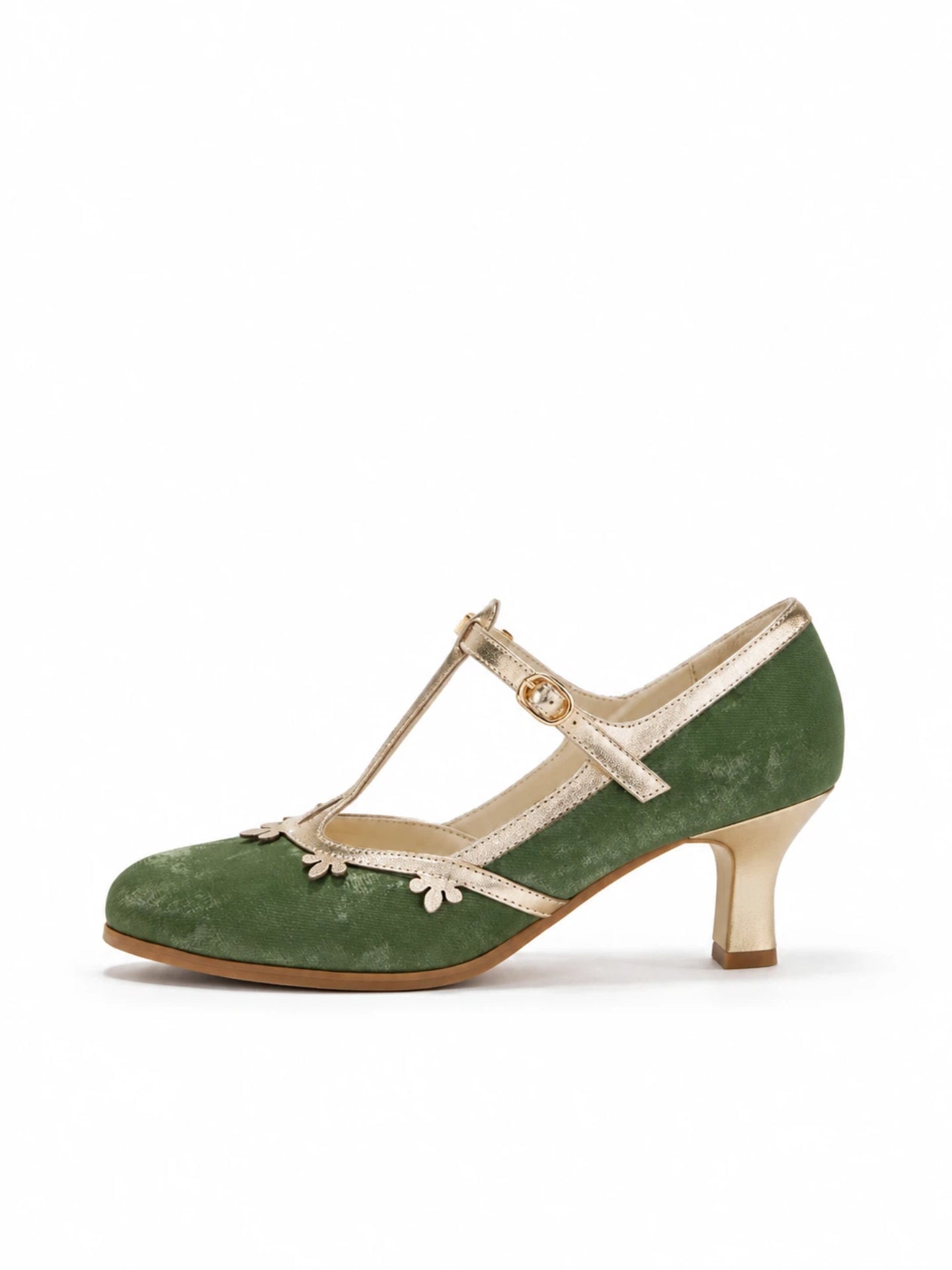Versatile Green T-Strap Mary Jane Block Heels | Retro Floral Trim Everyday Pumps