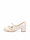 Ivory Floral Lace Mary Jane Heels | Pearl Trim Block Heel Romantic Pumps