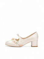 Ivory Floral Lace Mary Jane Heels | Pearl Trim Block Heel Romantic Pumps