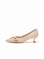 Vintage Chic Pumps - Women's Jacquard Satin Floral Embroidery Kitten Heels, Vintage Wedding Bridal Shoes, Handcrafted Pointed Toe Comfort Dress Shoes