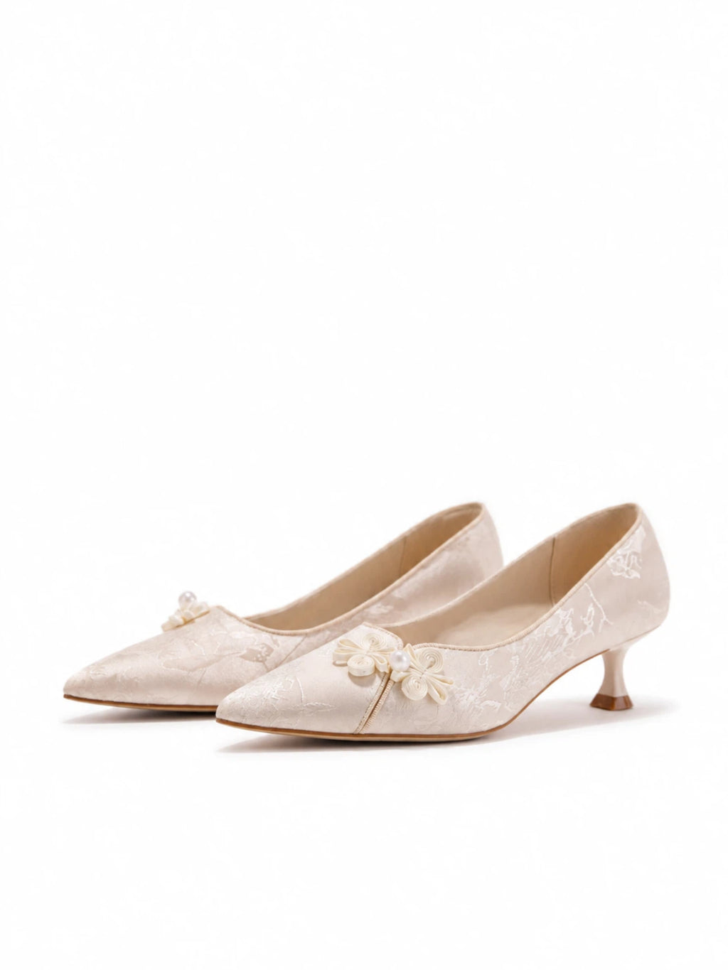Vintage Chic Pumps - Women's Jacquard Satin Pointed Toe Kitten Heels, Handcrafted Bridal Dress Shoes