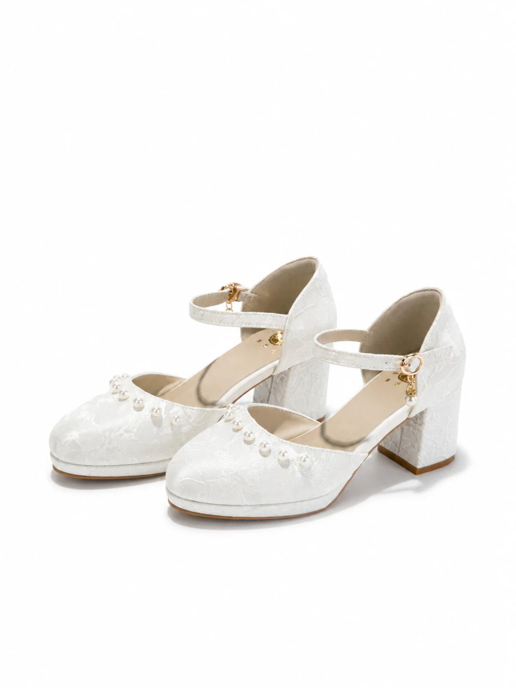 Versatile White Jacquard Pearl Ankle Strap Block Heels | Elegant Everyday & Wedding Pumps