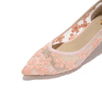 Pink Mesh Floral Kitten Heels | Embroidered Elegant Pumps for Women