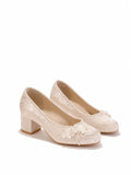 Vintage Jacquard Satin High Heels—White vintage-style brocade beaded wedding shoes, elegant mid-heel shoes suitable for the workplace and formal occasions