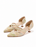 Versatile New Chinese Jacquard Floral Trim Kitten Heels | Pointed Toe Everyday Pumps