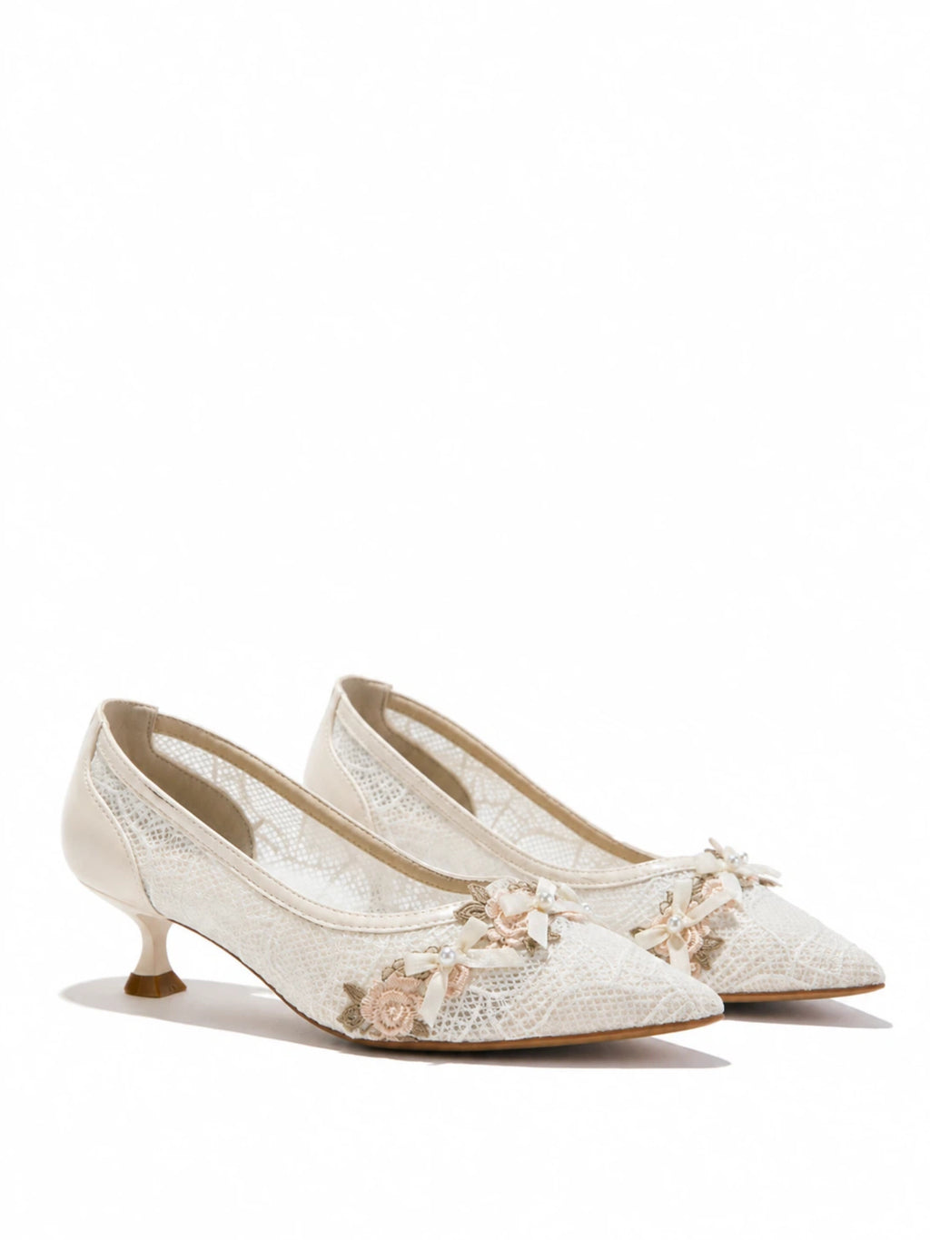 Lace Mesh Bow Kitten Heels | Elegant Wedding & Everyday Pumps