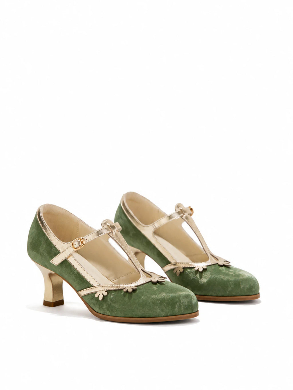 Versatile Green T-Strap Mary Jane Block Heels | Retro Floral Trim Everyday Pumps