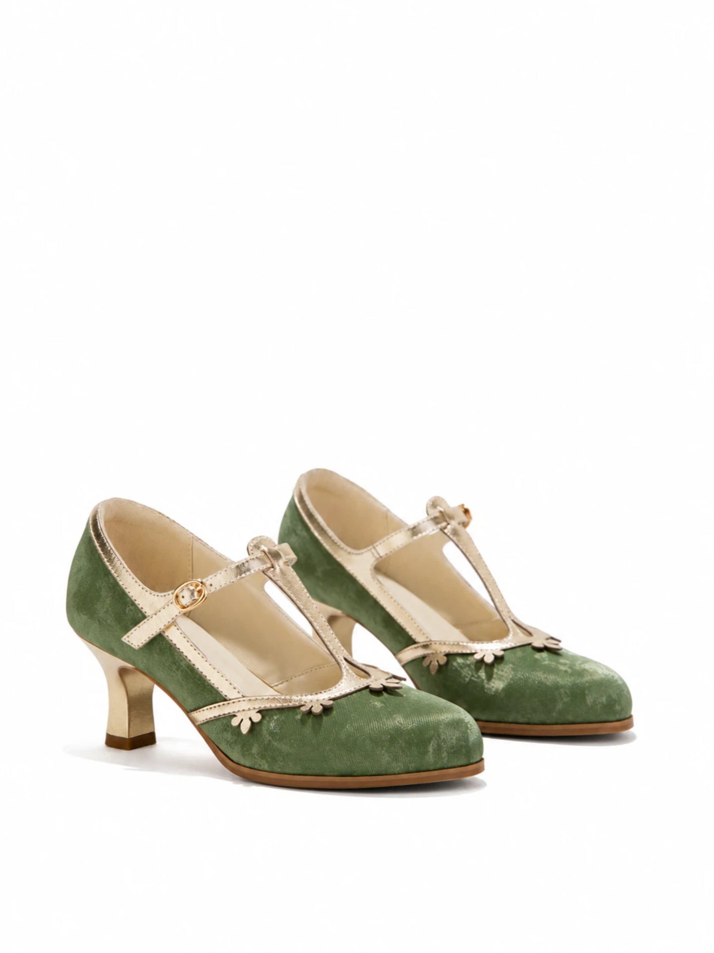 Versatile Green T-Strap Mary Jane Block Heels | Retro Floral Trim Everyday Pumps