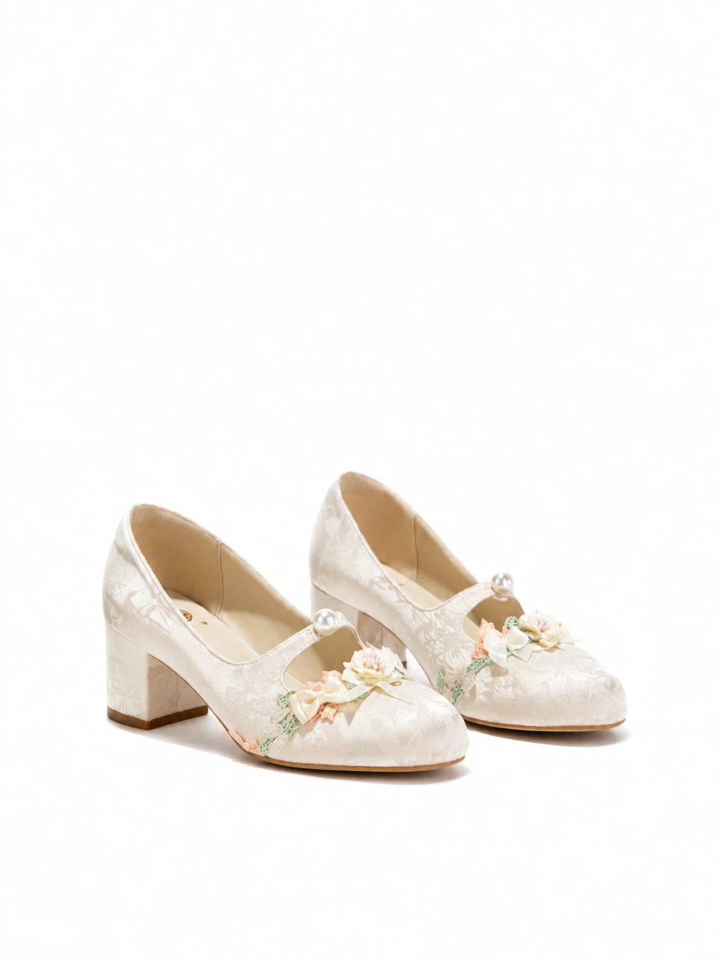Ivory Floral Lace Mary Jane Heels | Pearl Trim Block Heel Romantic Pumps