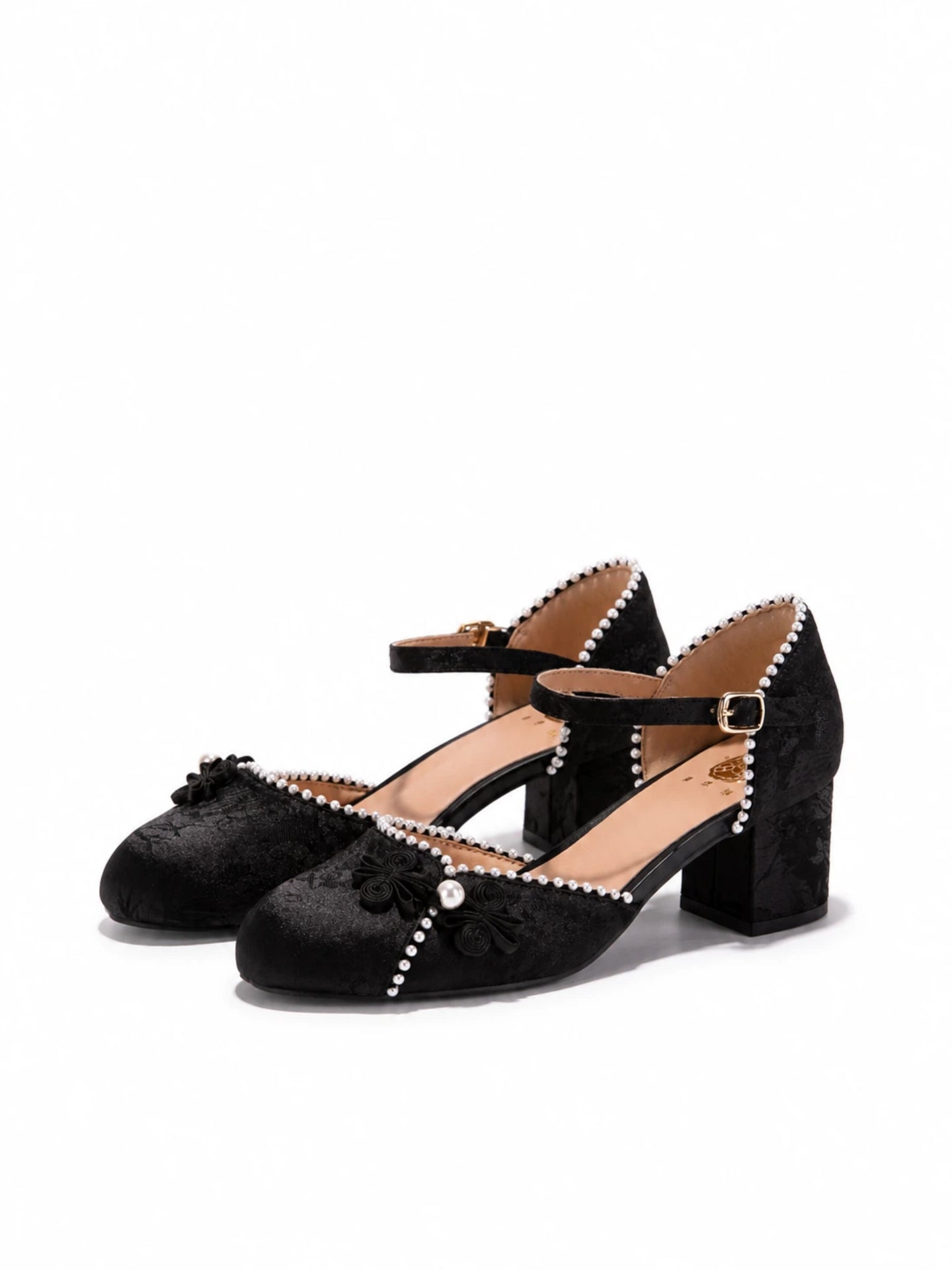 Black Jacquard Mary Jane Block Heels | Pearl Trim Elegant Pumps for Women