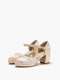 Champagne Metallic Mary Jane Heels | Pearl Trim Block Heel Wedding Pumps