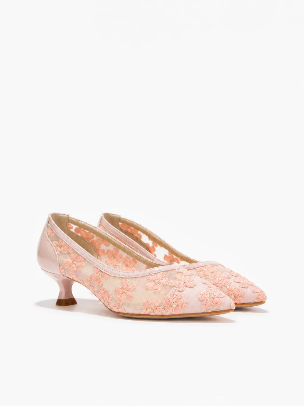 Pink Mesh Floral Kitten Heels | Embroidered Elegant Pumps for Women