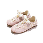 Sakura Glow Sneakers - Women's Pink Floral Bow Platform Shoes