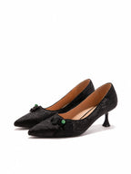 Versatile Oriental-Inspired Black Jacquard Frog Button Kitten Heels | Everyday Elegant Pumps