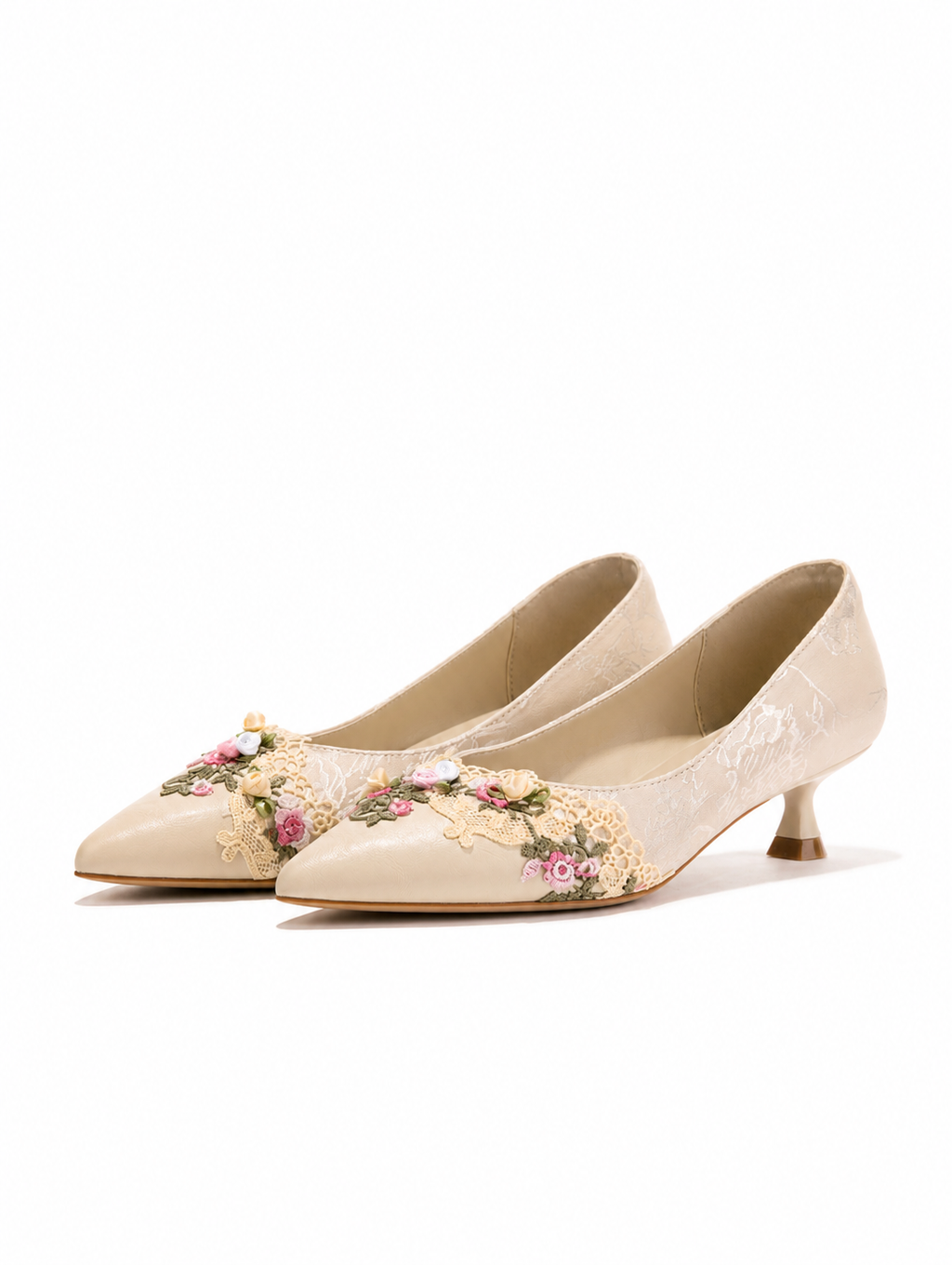 Vintage Chic Pumps - Women's Jacquard Satin Floral Embroidery Kitten Heels, Vintage Wedding Bridal Shoes, Handcrafted Pointed Toe Comfort Dress Shoes