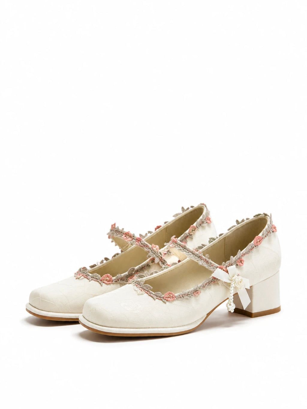 Ivory Floral Lace Mary Jane Heels | Elegant Block Heel Bridal Pumps