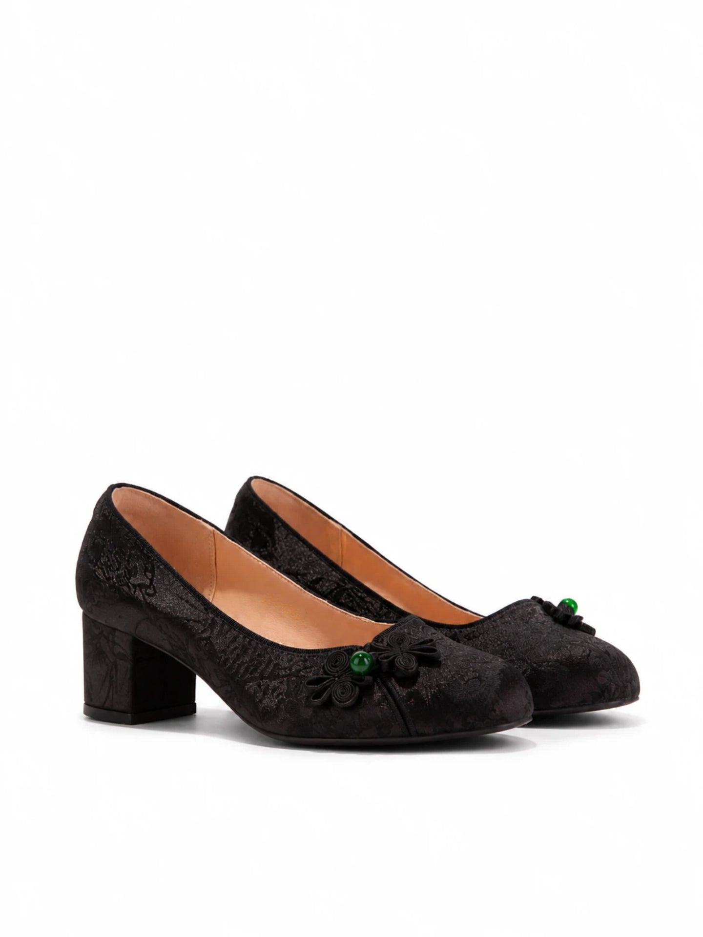 Chinoiserie Silk Pumps - Women's Vintage Jacquard Satin Block Heels, Comfortable Sheepskin Insole Floral Knot Evening Wedding Shoes