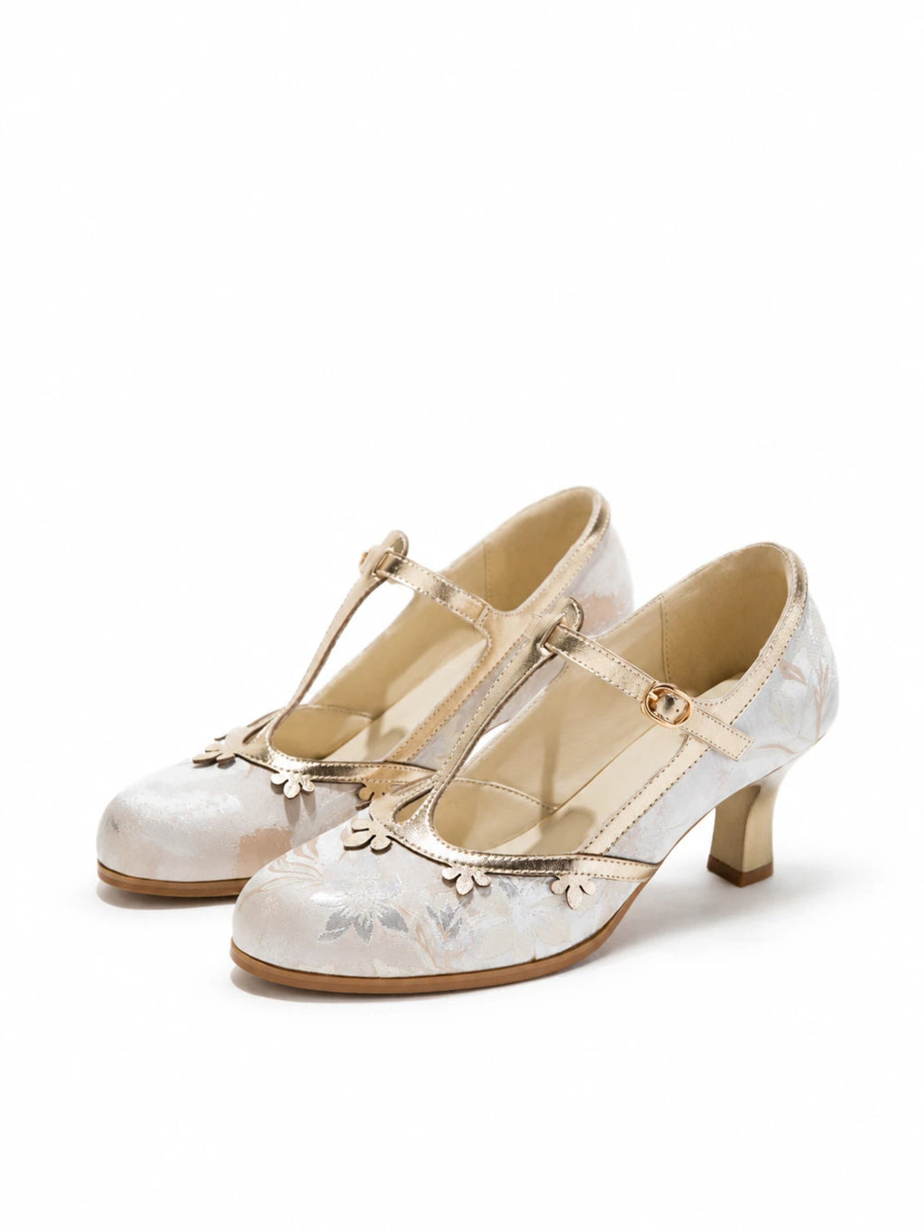 Versatile Champagne Jacquard T-Strap Mary Jane Block Heels | Floral Trim Everyday Pumps
