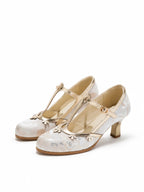 Versatile Champagne Jacquard T-Strap Mary Jane Block Heels | Floral Trim Everyday Pumps