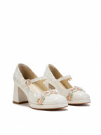 White Floral Trim Mary Jane Heels | Elegant Block Heel Wedding Pumps