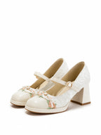White Floral Trim Mary Jane Heels | Elegant Block Heel Wedding Pumps