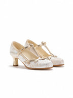 Versatile Champagne Jacquard T-Strap Mary Jane Block Heels | Floral Trim Everyday Pumps