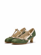 Versatile Green T-Strap Mary Jane Block Heels | Retro Floral Trim Everyday Pumps