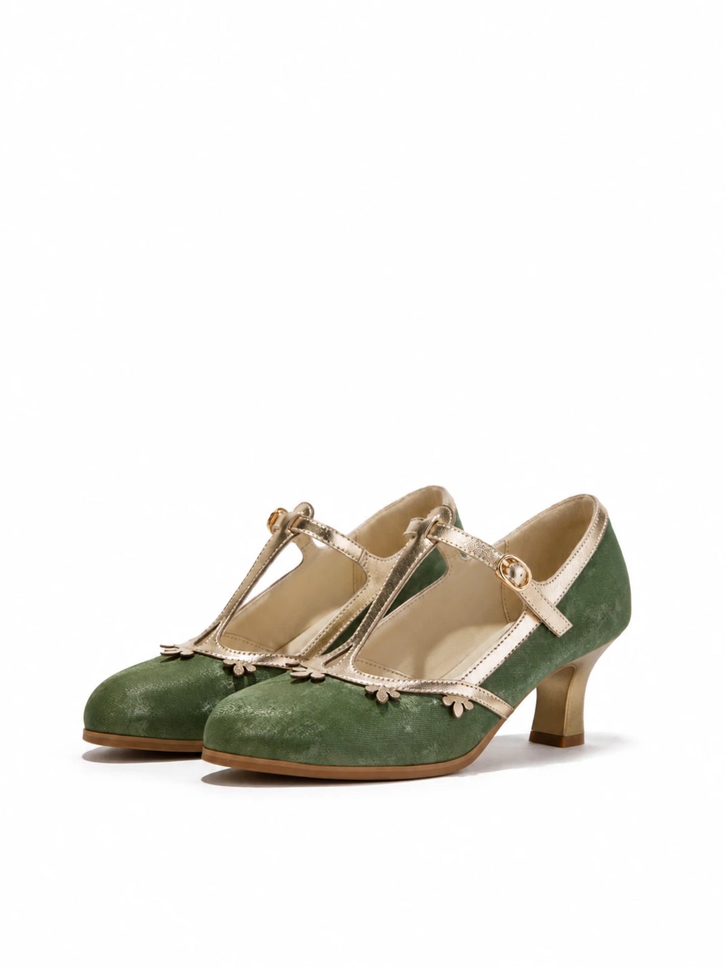 Versatile Green T-Strap Mary Jane Block Heels | Retro Floral Trim Everyday Pumps