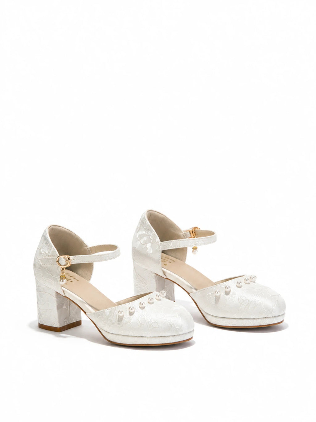 Versatile White Jacquard Pearl Ankle Strap Block Heels | Elegant Everyday & Wedding Pumps