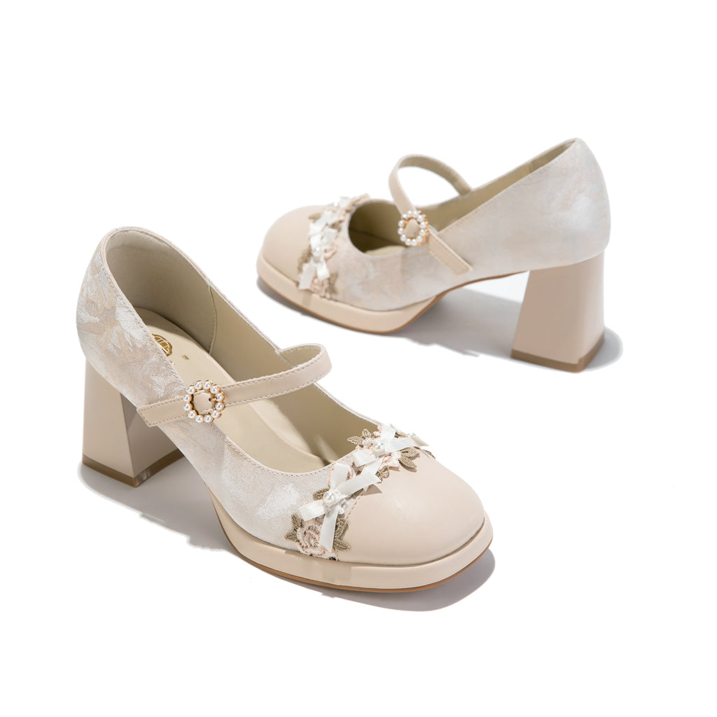 Blush Pink Lace Mary Jane Heels | Elegant Block Heel Wedding Pumps